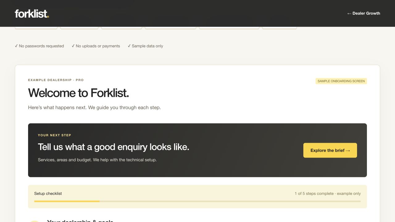 Screenshot of the illustrative Forklist onboarding checklist, with agreement review and setup progress